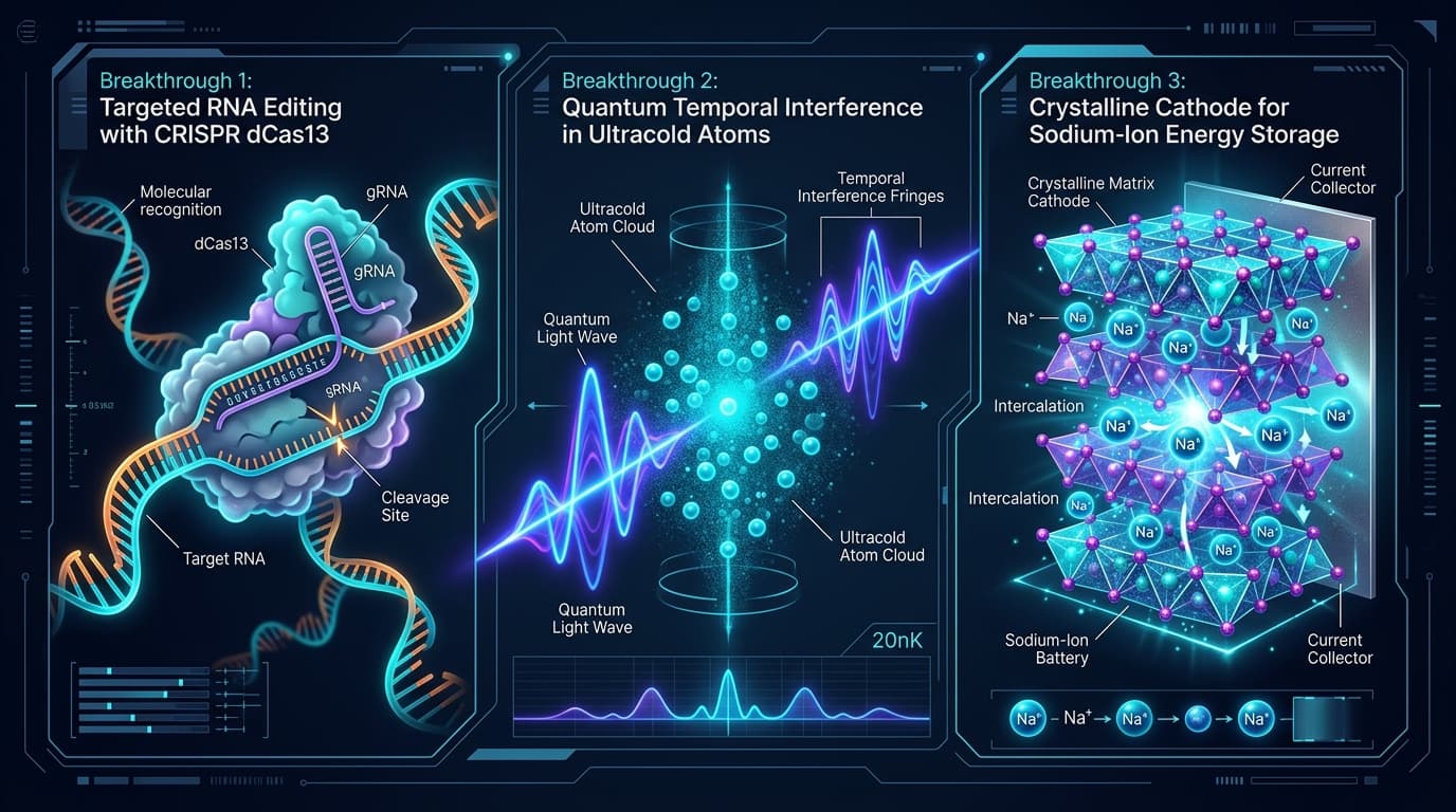 CRISPR-dCas13 RNA Precision, Quantum 'Negative Time' Absorption, and Hydrated Sodium Batteries