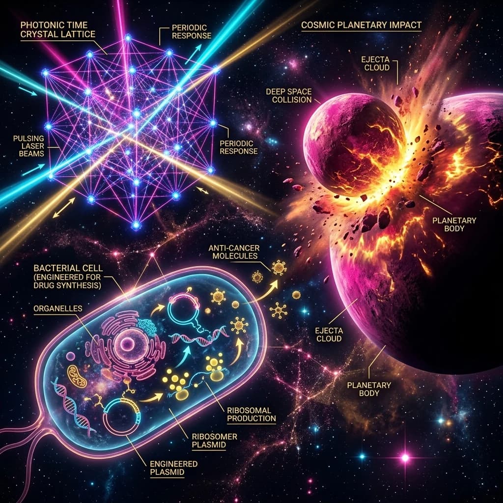 All-Optical Photonic Time Crystals, Bacterial Cancer-Drug Biosynthesis, and Real-Time Planetary Collisions