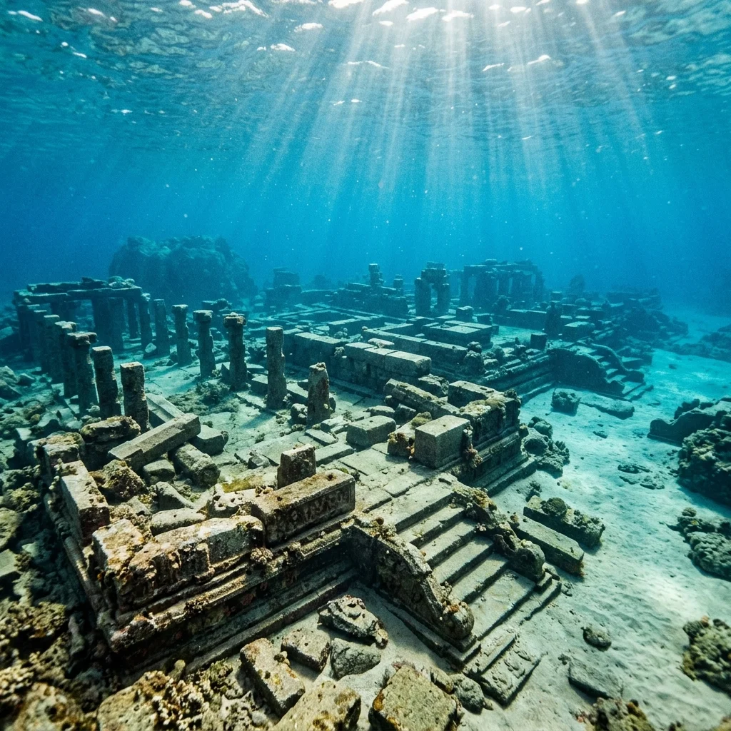 Submerged ruins and granite blocks of Mahabalipuram