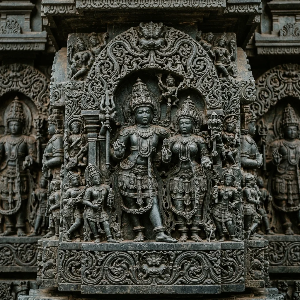 Intricate chloritic schist soapstone carvings of Halebidu