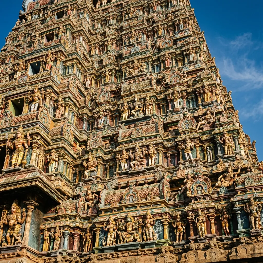 Intricate stone carving and architectural details of Meenakshi Amman Temple