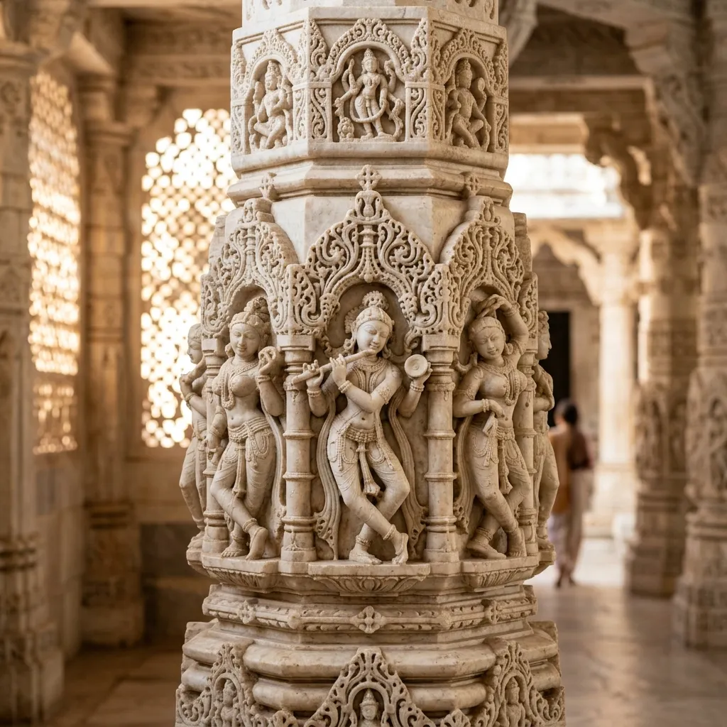 Intricate stone carving and architectural details of Ranakpur Jain Temple
