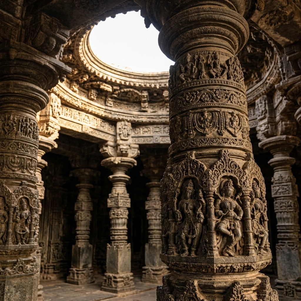 Intricate stone carving and architectural details of Kopeshwar Temple