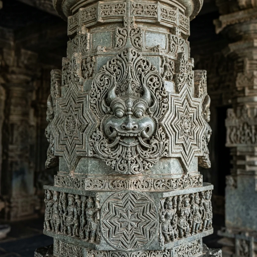 Intricate stone carving and architectural details of Doddabasappa Temple