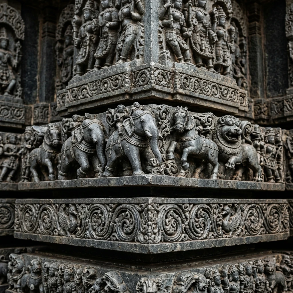 Intricate stone carving and architectural details of Hoysaleswara Temple