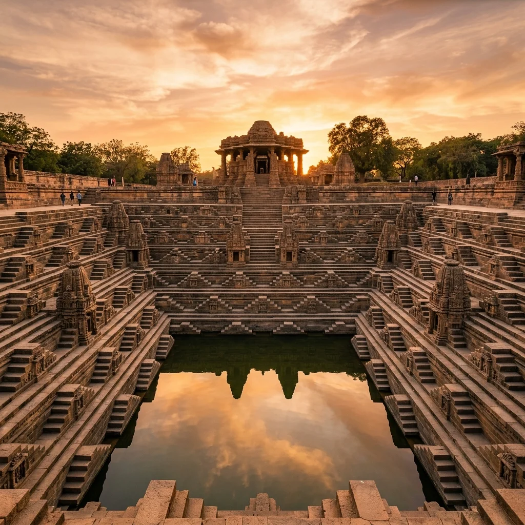 Dramatic view of the historic structures at Modhera Sun Temple