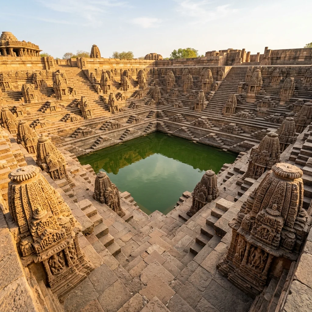 Intricate stone carving and architectural details of Modhera Sun Temple