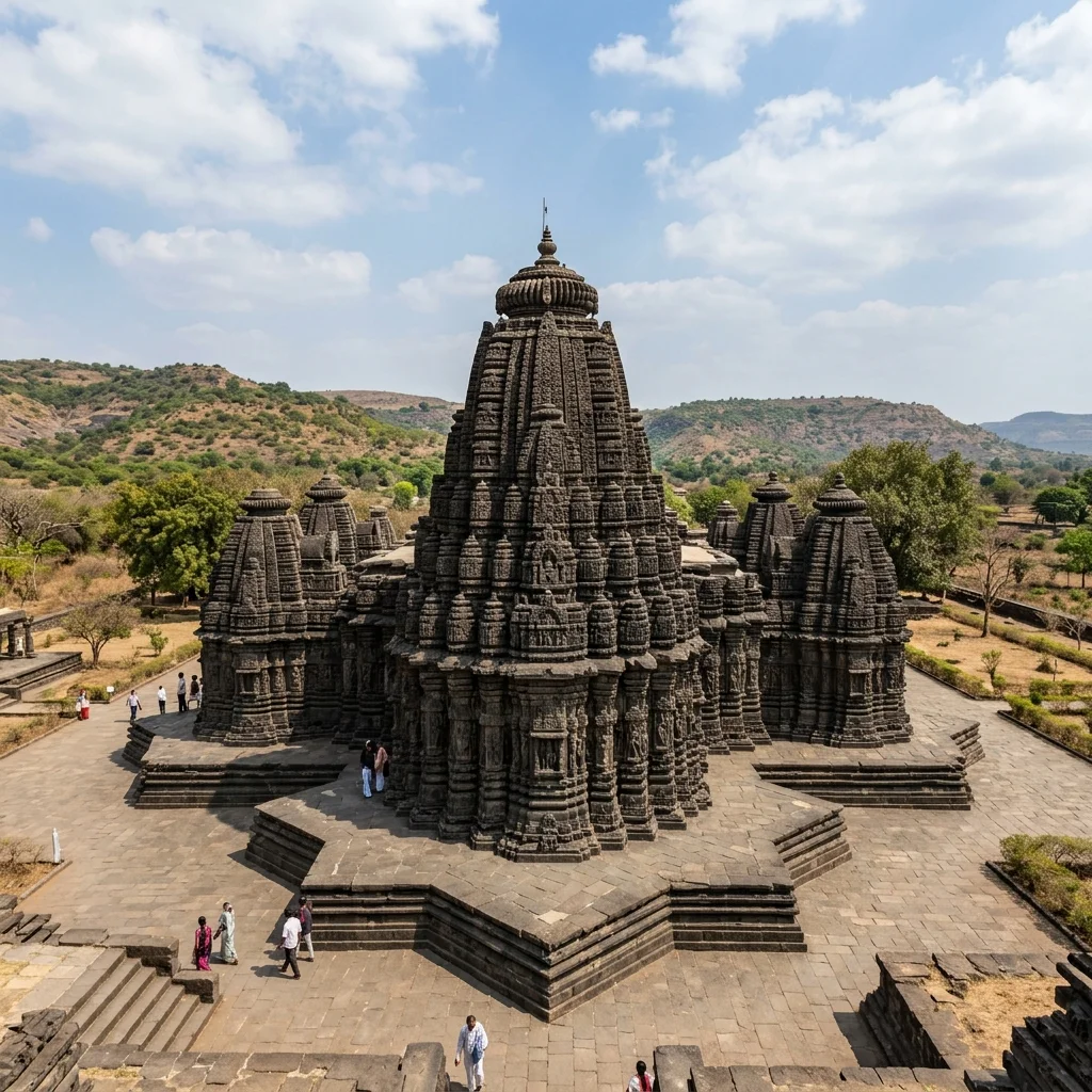 Intricate stone carving and architectural details of Gondeshwar Temple