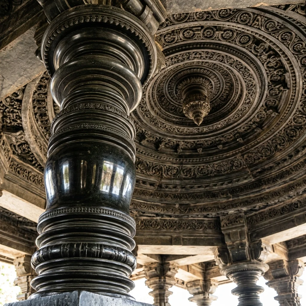 Intricate lathe-turned soapstone pillars inside the mandapa of Ishvara Temple
