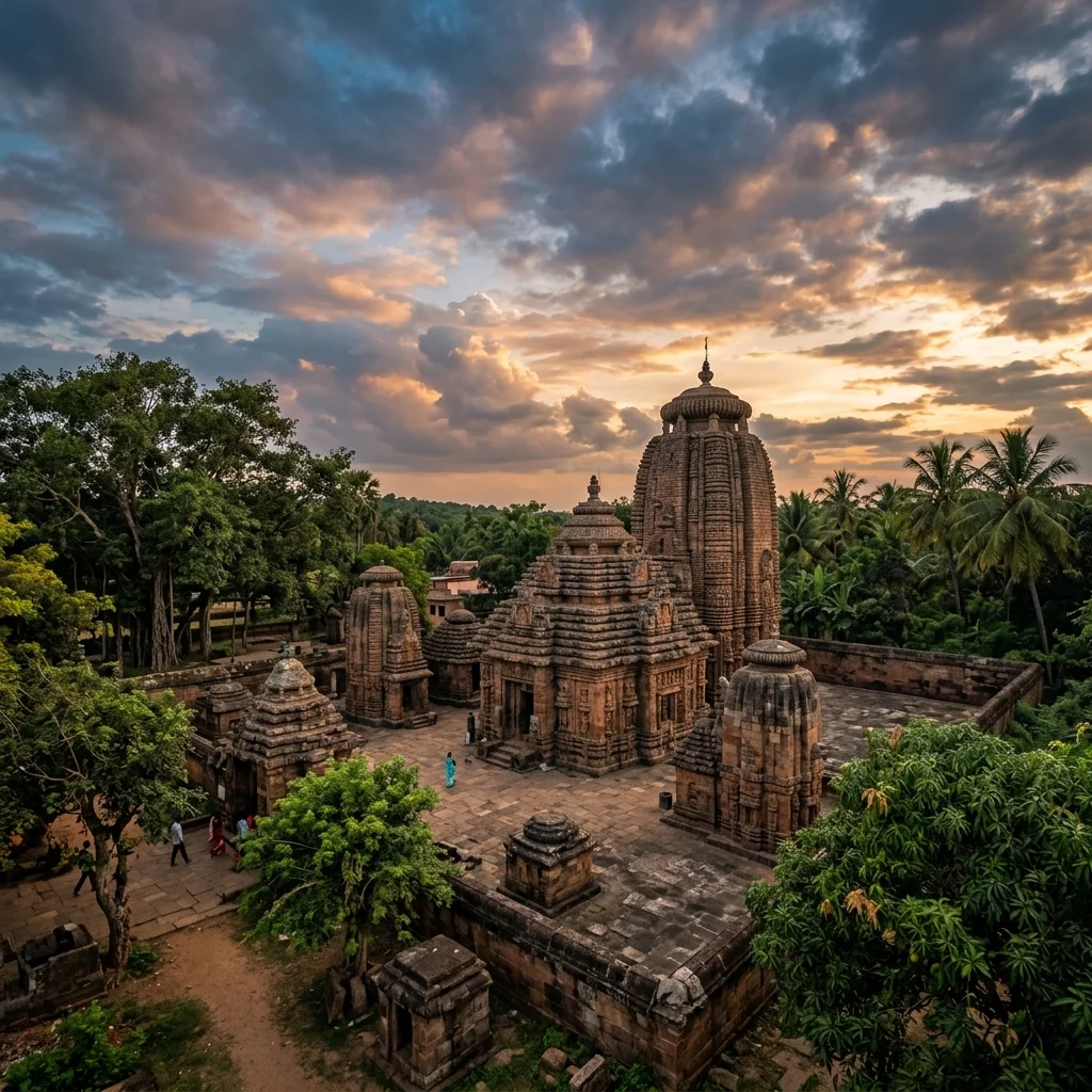 Dramatic view of the historic structures at Mukhalingam Temples