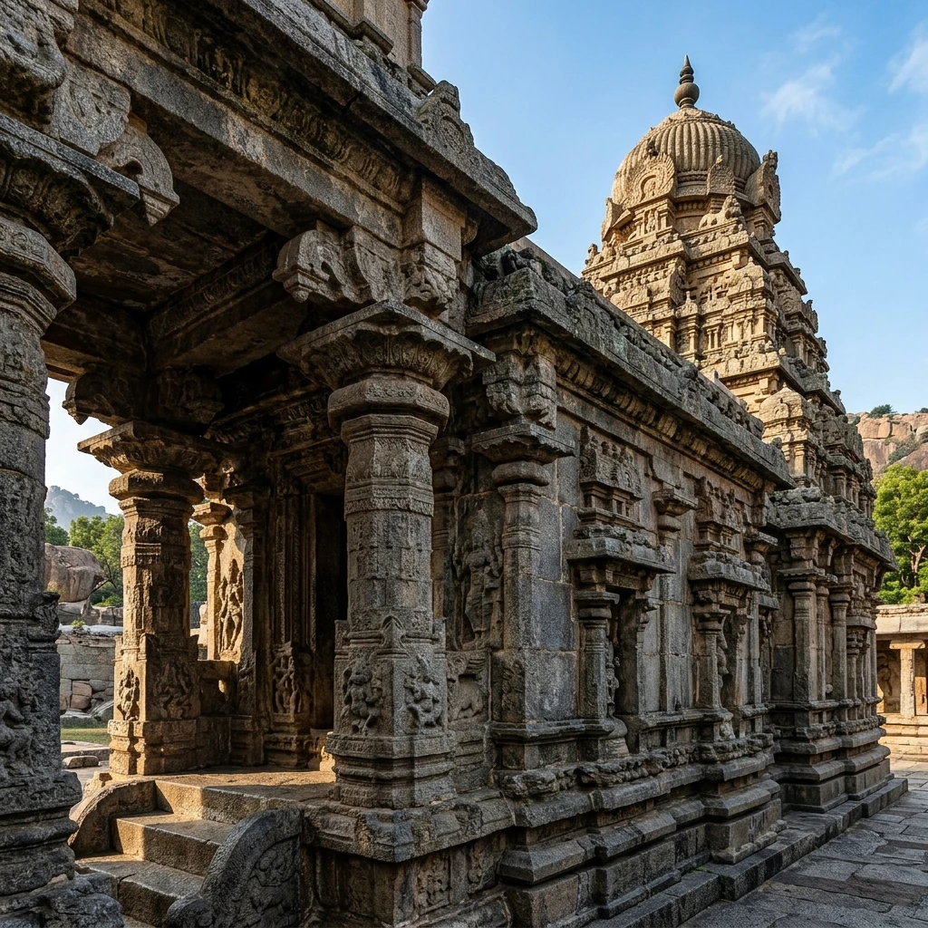 Intricate stone carving and architectural details of Vijayalaya Choleeswaram Temple