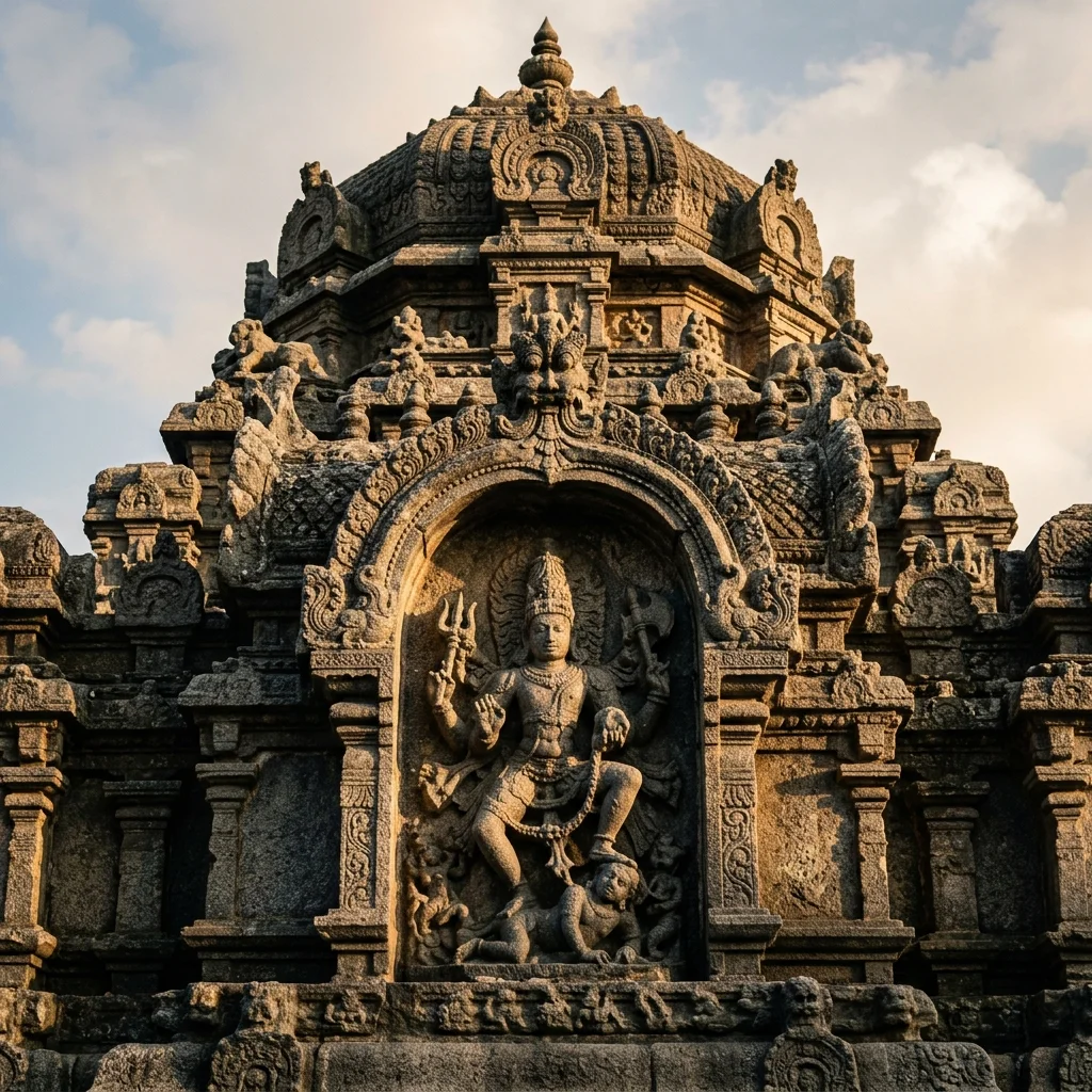 Intricate stone carving and architectural details of Moovar Koil