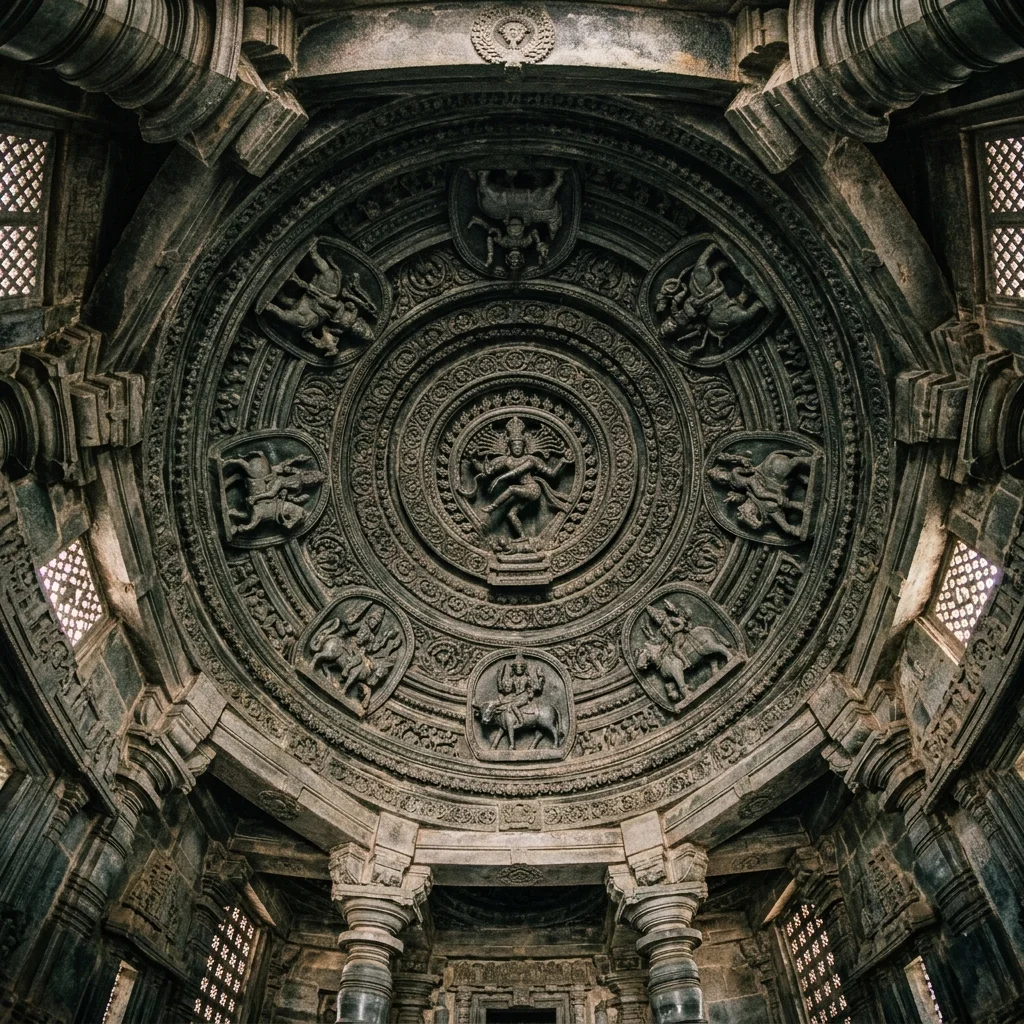 Dramatic view of the historic structures at Chennakeshava Temple of Aralaguppe