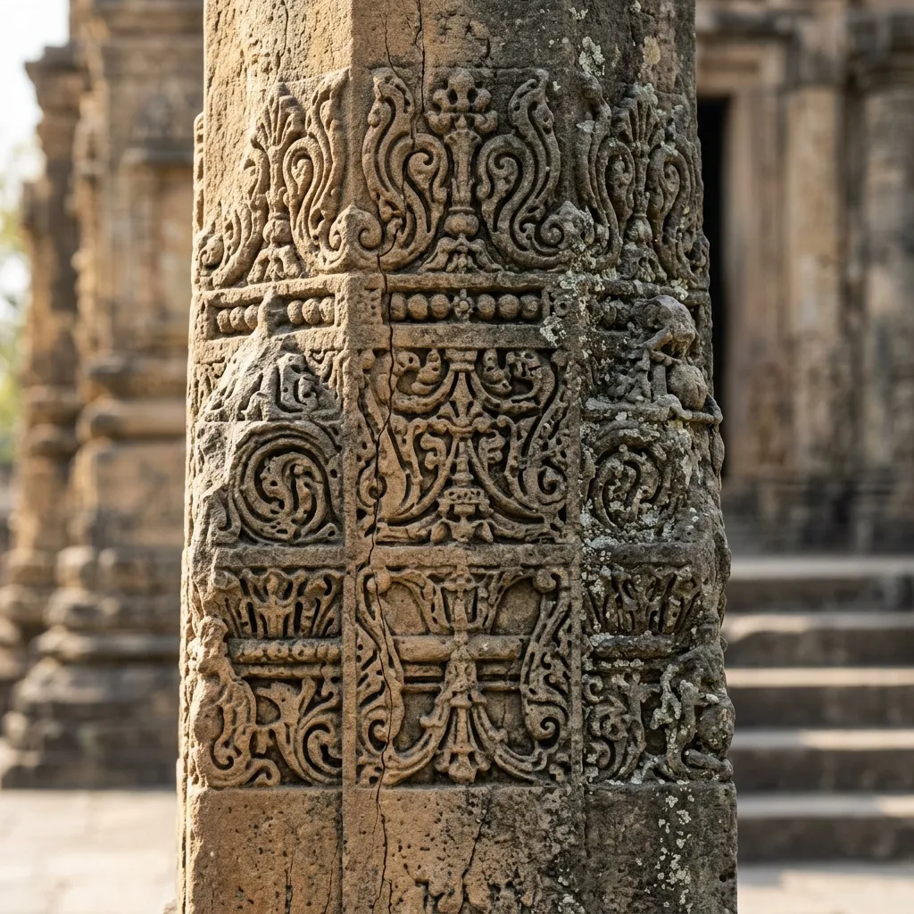 Intricate stone carving and architectural details of Krimchi Temples