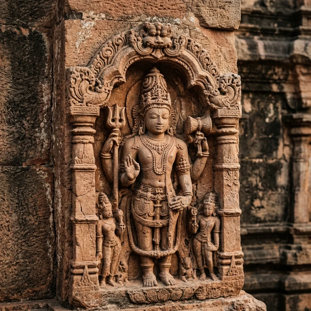 Intricate stone carving and architectural details of Mahakutesvara Temple