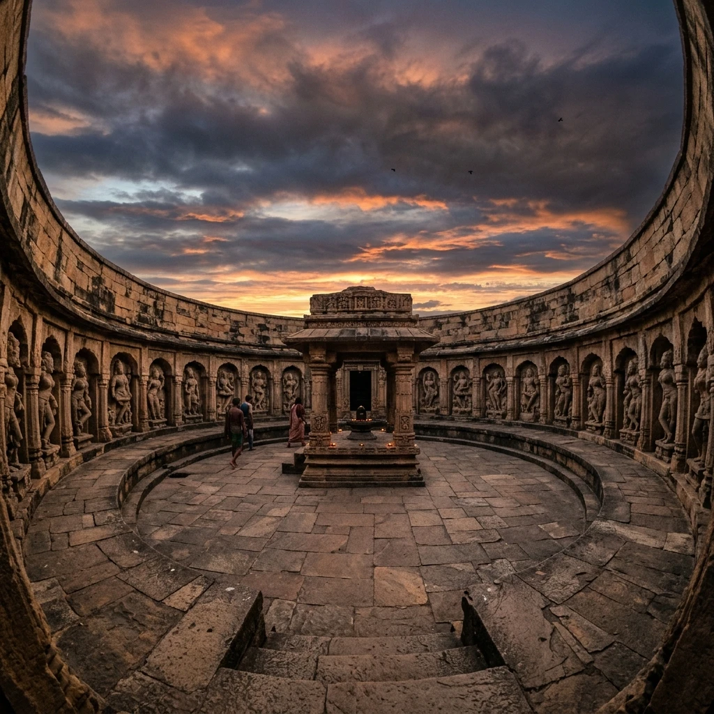 Dramatic view of the historic structures at Chausath Yogini Temple, Ranipur-Jharial