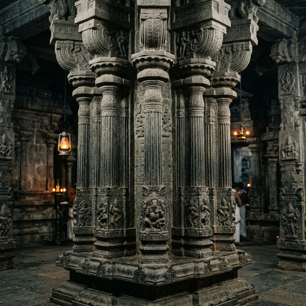 Intricate stone carving and architectural details of Suchindram Thanumalayan Temple