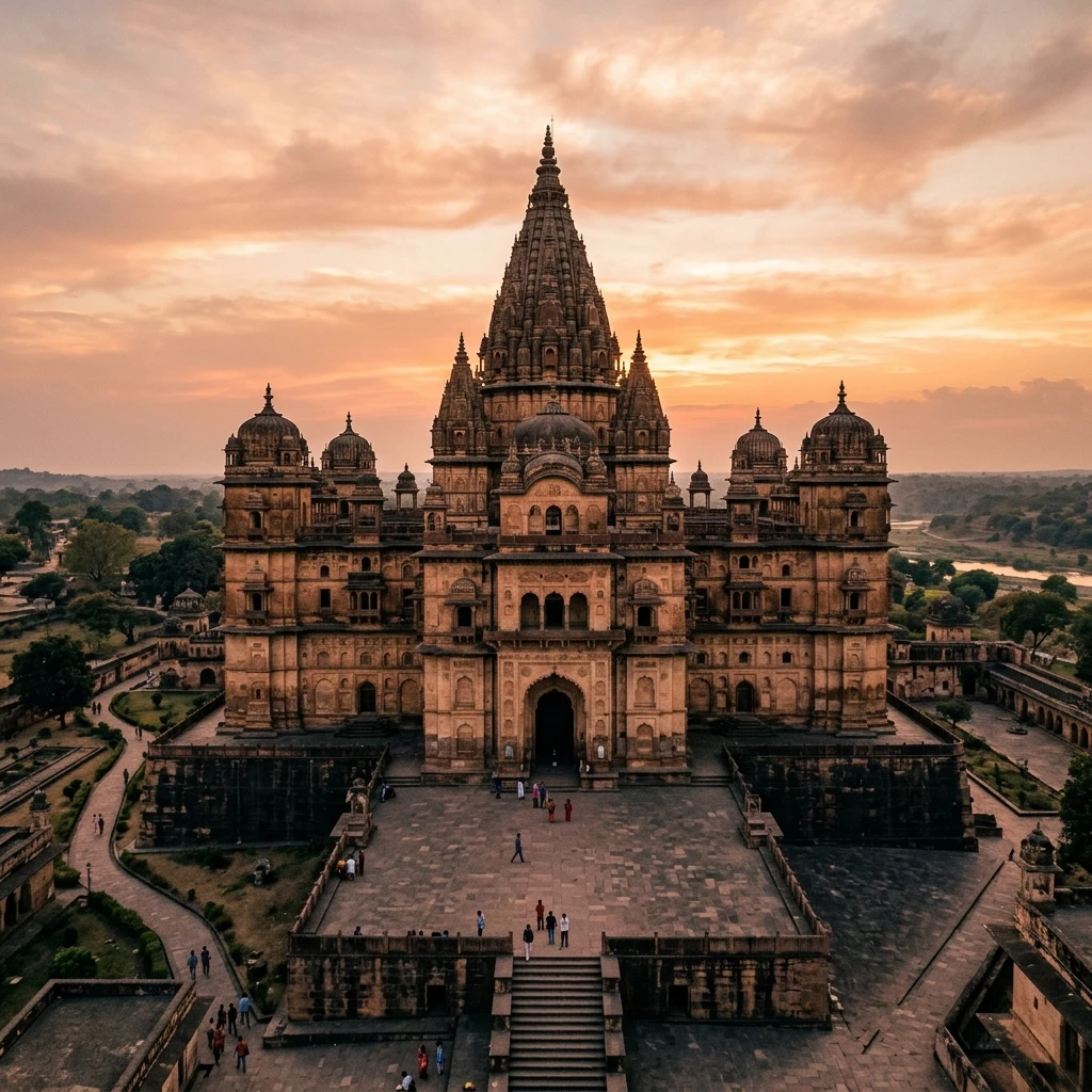 Dramatic view of the historic structures at Chaturbhuj Temple