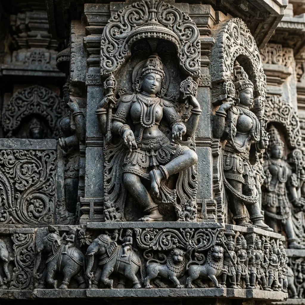 Intricate stone carving and architectural details of Hoysaleswara Temple