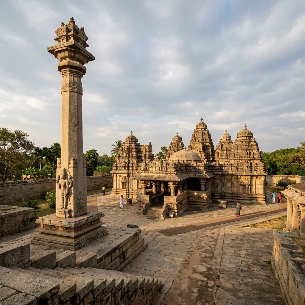 Dramatic view of the historic structures at Kambadahalli Panchakuta Basadi
