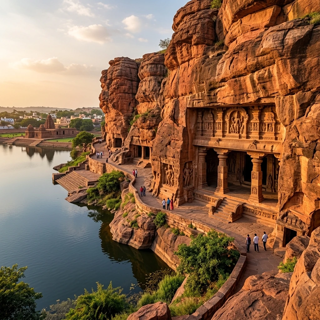 Dramatic view of the historic structures at Badami Cave Temples