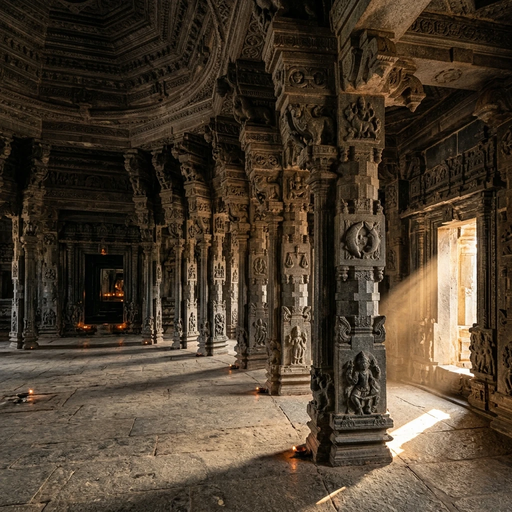 Dramatic view of the historic structures at Sringeri Vidyashankara Temple