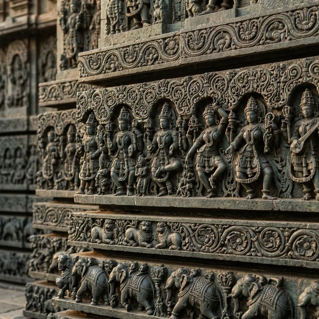 Intricate stone carving and architectural details of Temple 2