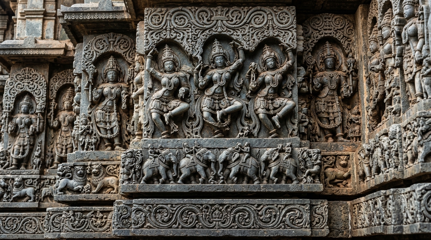 Intricate stone carving and architectural details of Hoysaleswara Temple