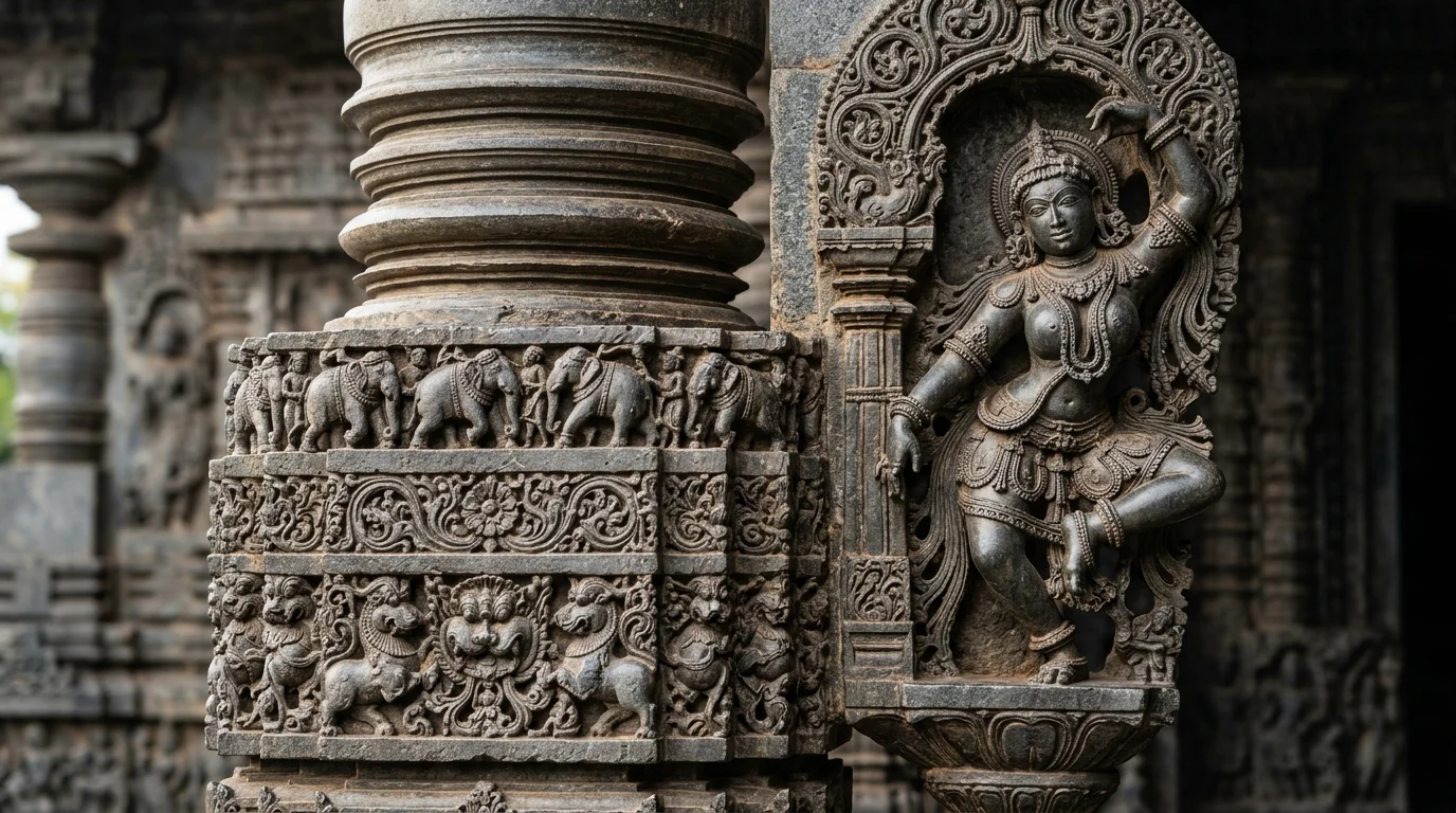 Intricate stone carving and architectural details of Chennakesava Temple at Belur